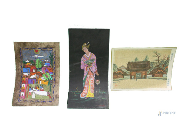 Lotto di tre dipinti su carta a tecnica e soggetti diversi, 35x17/28x20/20x27 cm, arte orientale