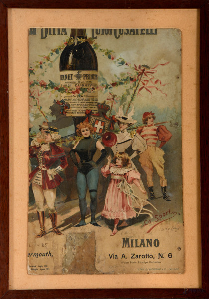 Manifesto pubblicitario Fernet Princeps Luigi Cusatelli, primo XX secolo, cm 38,5x24, entro cornice, (supporto rifilato, difetti)