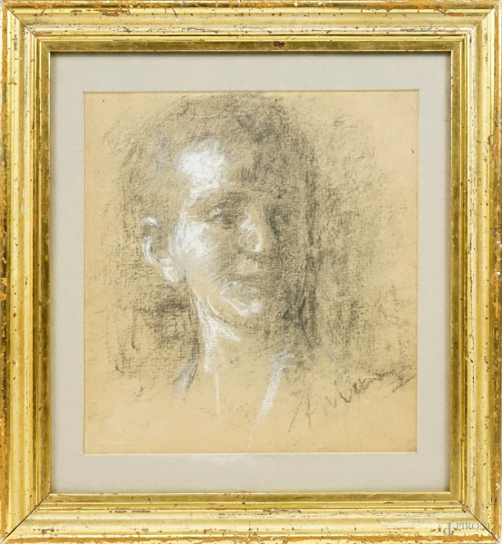 Ritratto di fanciullo, disegno a carboncino e biacca su carta, cm 26x23,5 circa, firmato, entro cornice