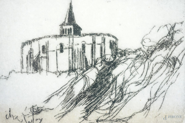 Due incisioni raffiguranti la chiesa di Saint-Pierre de Chateloy e un cavaliere a cavallo, monogr...