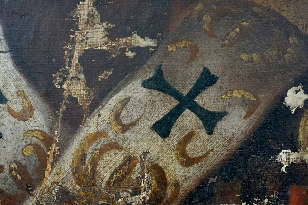 San Gregorio Nazianzeno, olio su tela applicata su tavola, XIX secolo, cm 56x28,5, (difetti, cadu...