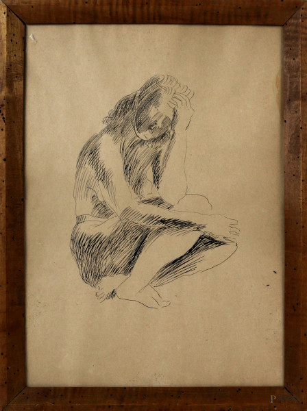 Donna assorta, china su carta, cm 39x27,5,  XX secolo, entro cornice, (macchia)