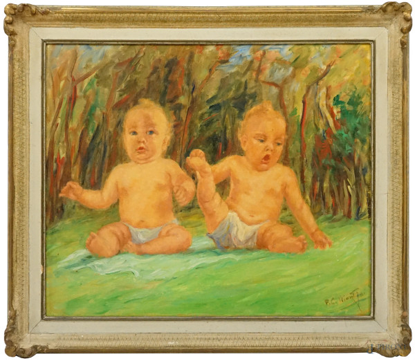 Bambini, olio su tela, cm 50x60, firmato, entro cornice. - Asta ASTA A  TEMPO DI ANTIQUARIATO E ARTE MODERNA - Aste Pirone