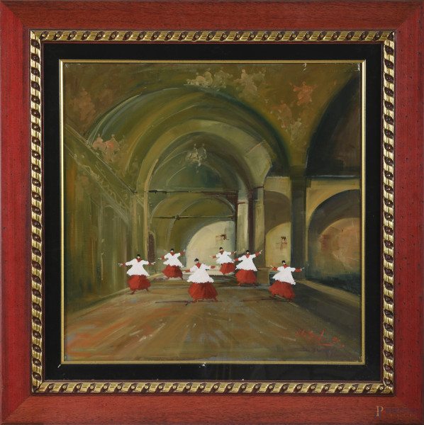 Norberto Martini (1940-2007), Chiostro luminoso, olio su tela, cm 60x60, firmato in basso a destra e titolato e firmato al retro, entro cornice), corredato di certificato di autenticità rilasciato dalla Galleria Spagnoli, (piccole cadute di colore)