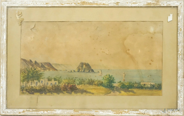 Paesaggio costiero, acquarello su carta, cm 23x44,5, firmato in cornice, (difetti)