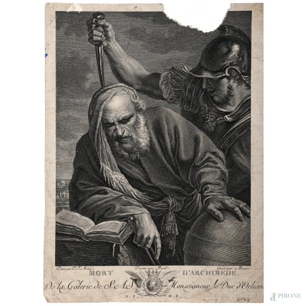 La morte di Archimede, XVIII secolo, incisione da un dipinto di Pier Francesco Mola, cm 23x17, (segni di usura, tracce di umidità, gore, foxing, lacerazioni della carta, tracce di piegatura, mancanze)