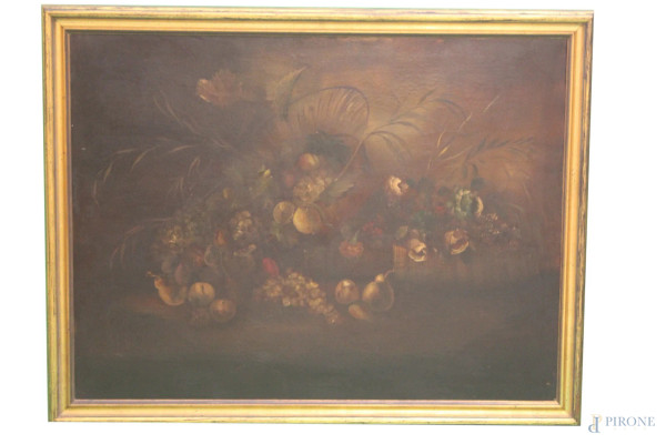 Natura morta con fiori e frutta, olio su tela, 90x120 cm, entro cornice.