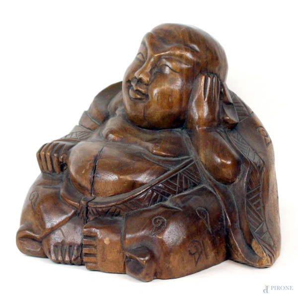 Buddha, scultura in legno, cm 27x29x35, arte orientale, XX secolo
