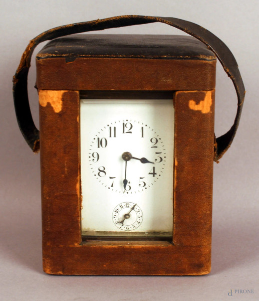 Orologio cappuccina in bronzo, altezza 12 cm, entro custodia, rpimi &#39;900, (da revisionare).