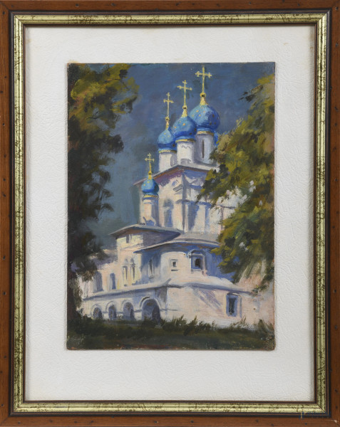 Chiesa Ortodossa, XX secolo, olio su compensato applicato su cartoncino, cm 31x22, entro cornice, (lievi segni di usura e cadute di colore)