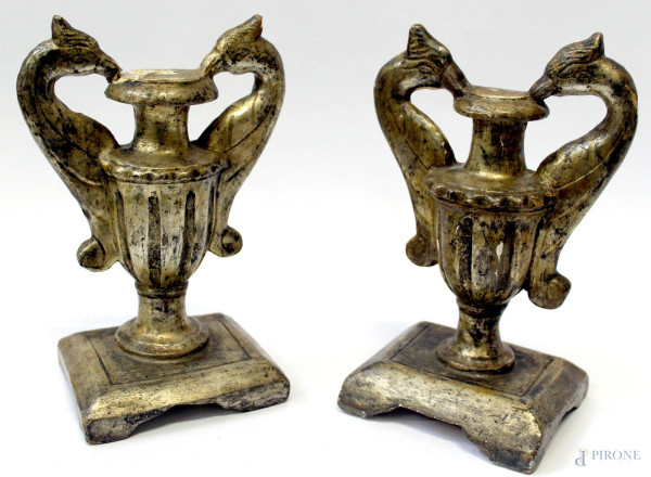 Coppia palmette in legno intagliato e argentato a mecca, XIX sec, h. 23 cm