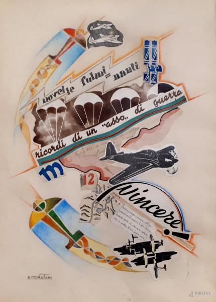 Ettore Tani (XX sec.) Ricordi di un Asso di guerra, aeropittura a tecnica mista e collage su carta, cm 33x24, firmato in basso a sinistra
