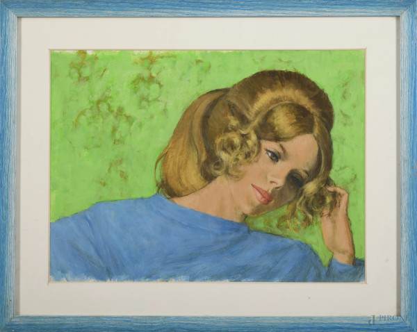 Ritratto di donna, XX secolo, tecnica mista su carta, cm 33x45, entro cornice