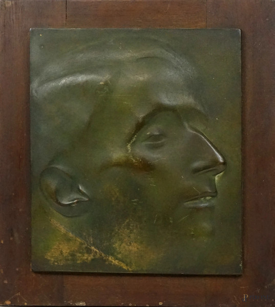 Giacinto Bardetti - Profilo d'uomo, bassorilievo in bronzo, cm 24x20,5, base in legno.