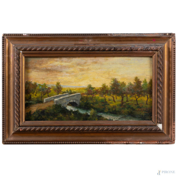 Paesaggio con ponte, XX secolo, olio su tavoletta, cm 20x39, firmato in basso a destra, entro cornice, (segni di usura, craquelure, difetti, abrasioni)