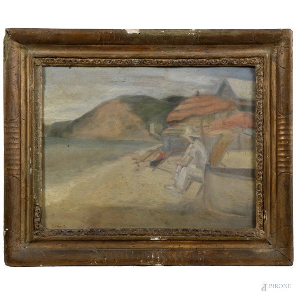 Spiaggia con figure, XX secolo, olio su tavoletta, cm 26,5x35, firmato in basso a sinistra, entro cornice, (segni di usura, scalfiture, graffi)