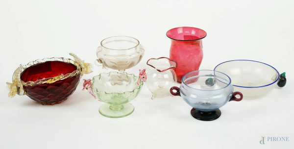 Sette oggetti in vetro soffiato di Murano, XX secolo