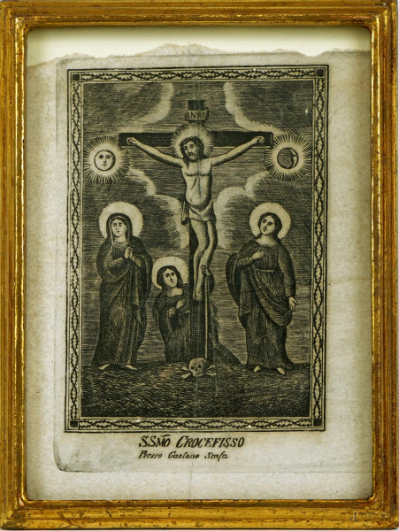 Antica incisione raffigurante Santissimo Crocifisso, cm 16x12, entro cornice, (difetti al margine)