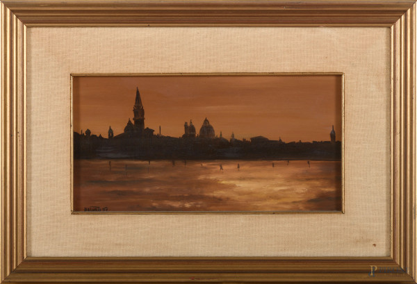 Venezia, olio su compensato, firmato in basso "Salvati 77", cm 17,5x34 entro passepartout e cornice, (difetti)