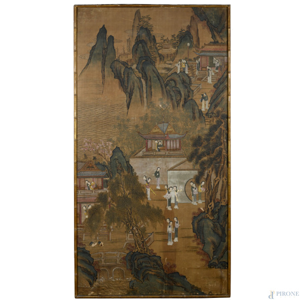 Grande pannello su carta applicato su tela raffigurante scene di genere orientali, XX secolo,  200x105, (segni di usura, lacerazioni, rotture, mancanze, difetti)
