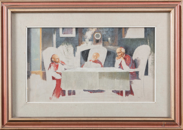Il pranzo dei cardinali, XX secolo, acrilico su tela, cm 29x49, entro cornice