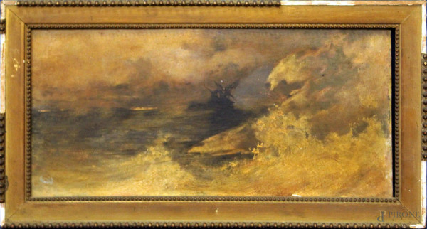 Mare in tempesta, olio su tavola, 17x35 cm, entro cornice primi 900.