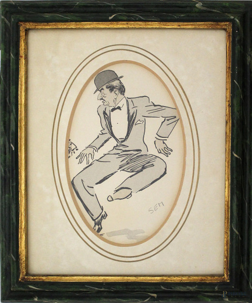 Personaggio,caricatura ad acquarello su carta 12x20 cm,in cornice.
