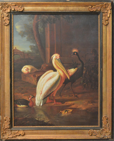 Paesaggio con animali, olio su tela 73x98 cm, entro cornice.