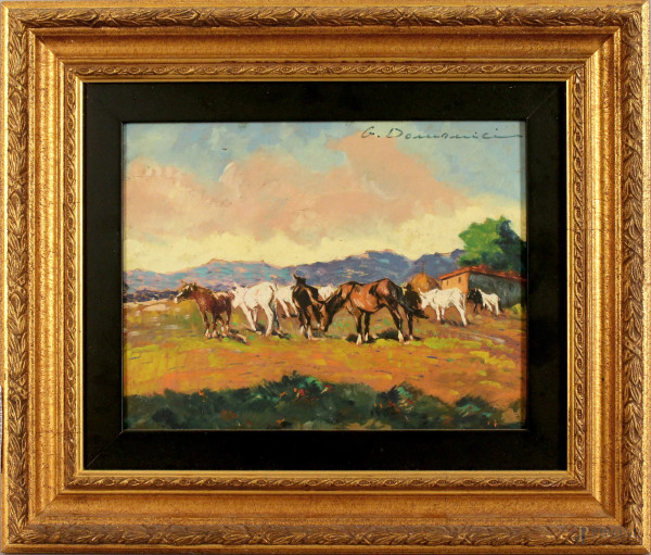 Carlo Domenici - Paesaggio toscano con cavalli, olio su tavola, cm. 20x26, entro cornice.