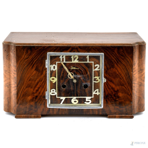 Orologio Fung da tavolo in legno impiallacciato in radica , XX secolo, cm 19,5x37x14, (da revisionare)