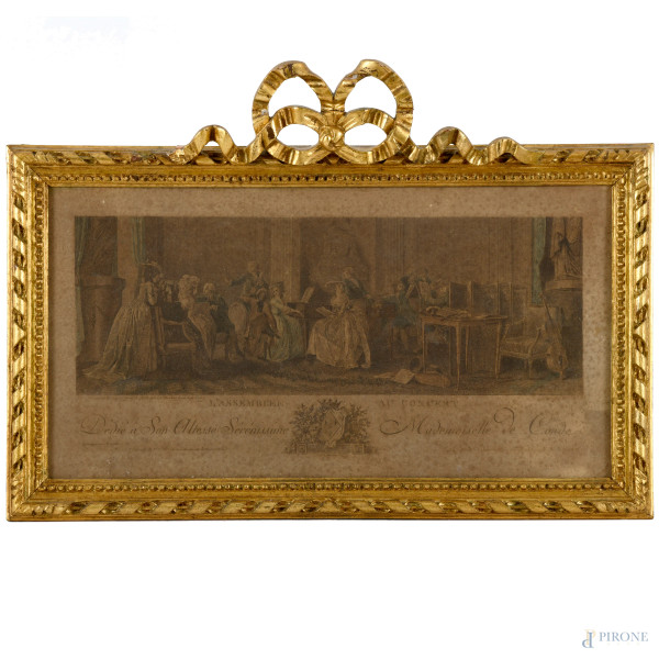 Stampa "L'Assemblèe au concert", XIX secolo, entro cornice in legno intagliato e dorato con elemento apicale a fiocco, misure totali cm 39x55, (segni del tempo)