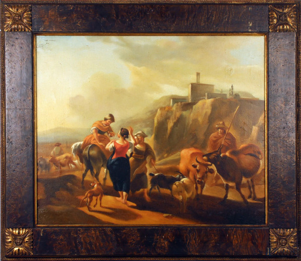 Paesaggio con figure ed armenti, olio su tela, cm 48x58, firmato, entro cornice.