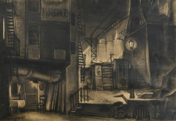 Studio per scenografia, XX secolo, carboncino su carta applicata su compensato, cm 59x88, firmato in basso a sinistra, (segni usura, parziale scollamento della carta dal supporto)
