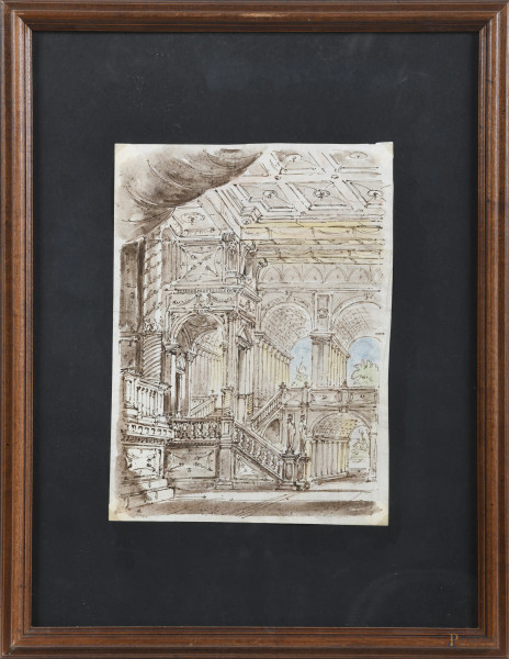 Disegno a tecnica mista su carta raffigurante studio architettonico, XIX-XX secolo, cm 29x21, entro cornice, (lievi segni di usura)