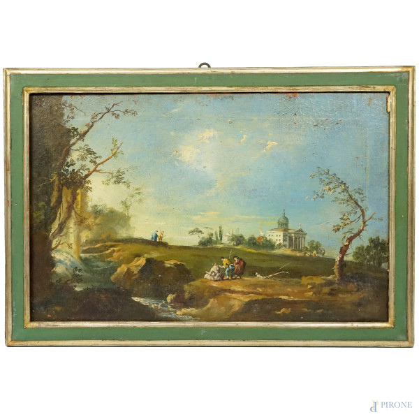 Pittore veneziano del XIX-XX secolo, Paesaggio con villa palladiana, olio su tela, cm 35x55