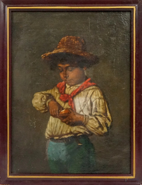 Bambino che sbuccia un arancio, olio su tela, cm 40,5x30,5, firmato Arturo Petrocelli, entro cornice, (difetti)