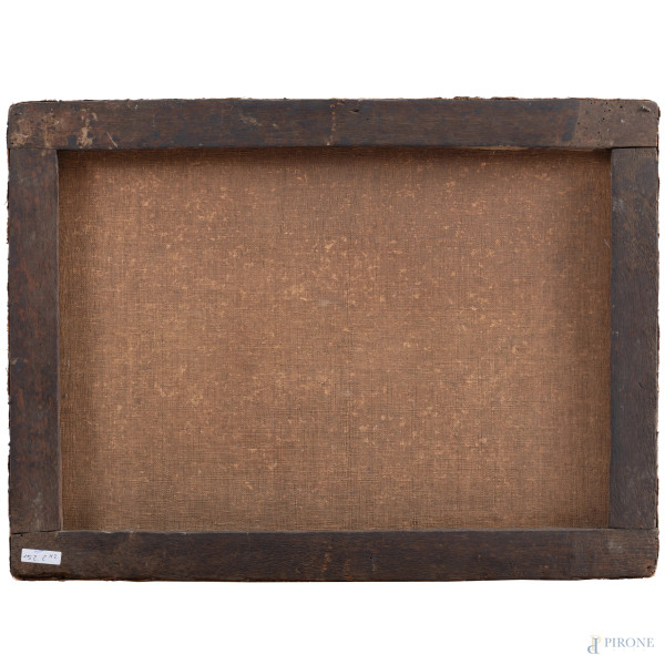 Coppia di dipinti raffiguranti paesaggi con figure e armenti, XIX-XX secolo, olio su tela, cm 45,...