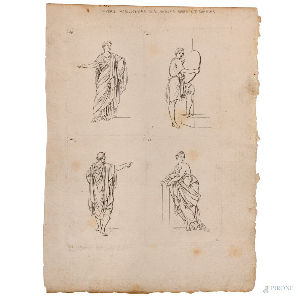 Sebastien Leclerc (1637 – 1714), Coppia di acqueforti raffiguranti antichi romani, foglio cm 27x2...