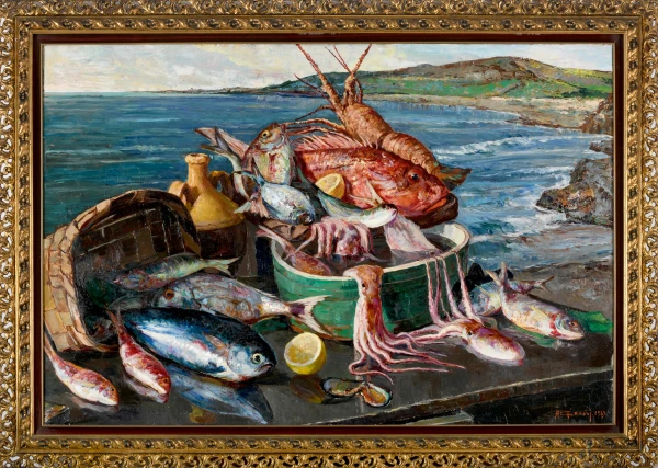 Alfonso Grassi - Natura silente, olio su tela, cm 80x117, firmato e datato "1963" in basso a destra, entro cornice. L'opera è corredata di certificato di autenticità rilasciato dallo Studio d'arte Tullio Grassi