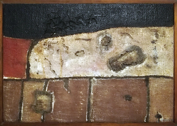 Artista del XX sec., Sacco, tecnica mista e juta su tela, cm 30x41, con cornice