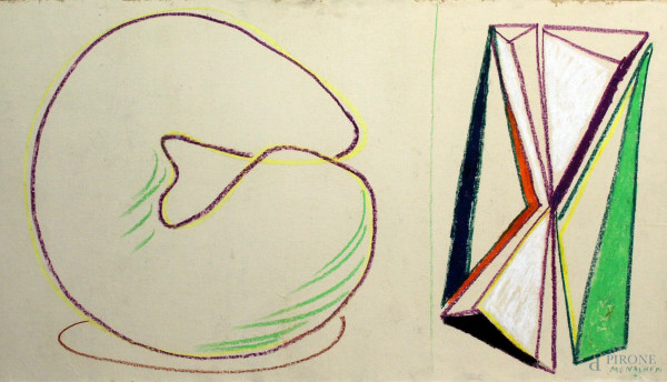 Figure geometriche, pastello su tela riportata su tavola, cm 65x115, firmato Monachesi.