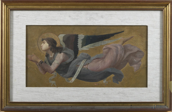Angelo, studio per mosaico, XIX-XX secolo, olio su cartone, cm 40,5x66,5 compreso passepartout, entro cornice, (segni di usura, abrasioni, piccole lacerazioni e cadute di colore)