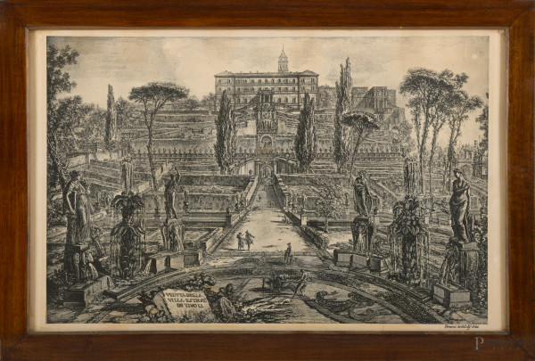 Lotto di due riproduzioni di incisioni di Giovanni Battista Piranesi (1720-1778), cm 37xx58 entro cornice, (difetti, gore e tracce di umidità)