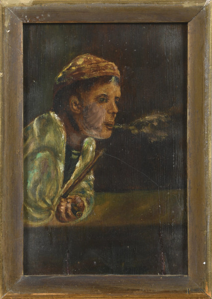 Fumatore, XX secolo, olio su compensato, cm 22,5x14,5, entro cornice, (segni di usura, supporto imbarcato, fessurazioni, cadute di colore)
