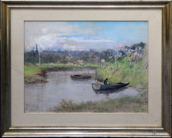 Paesaggio fluviale con barche e figura, pastello su tavola 38x48 cm, firmato A.Cannata, entro cornice.350