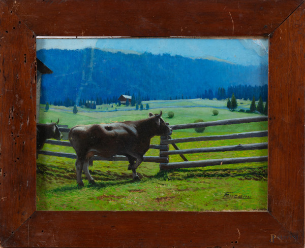 Mucca al pascolo, XX secolo, olio su tela applicata su compensato, cm 18,5x25, firmato in basso a destra, entro cornice, (segni di usura, piccole cadute di colore)