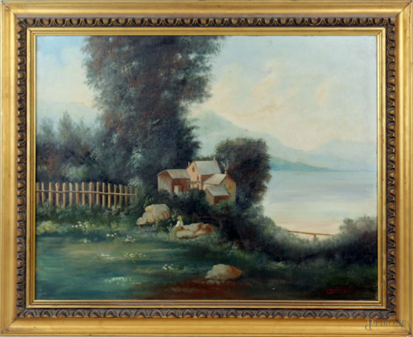 Paesaggio lacustre con case e figura, olio su compensato, cm 51x66, firmato Anton Brioschi, entro cornice.