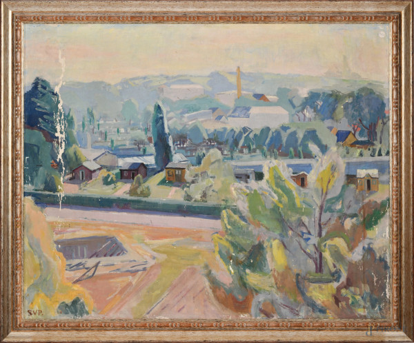 Scorcio di città, olio su tela, cm 64x79, siglato SVP in basso a sinistra, XX secolo, (cadute di colore, abrasioni)