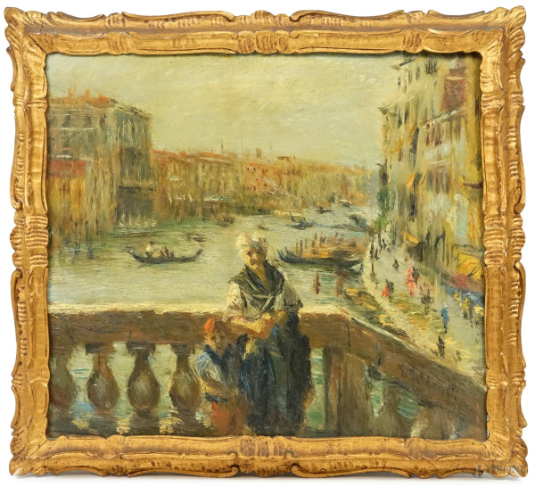 Anziana con bambino sul ponte di Rialto, olio su tavoletta, firmato G. Maldarelli, cm 31x35,2, entro cornice