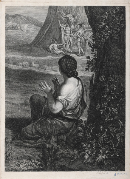 Giuditta, XVIII secolo, incisione su carta, cm 32x23,5, (segni di usura, tracce di umidità, gore, foxing, lacerazioni della carta, tracce di piegatura)